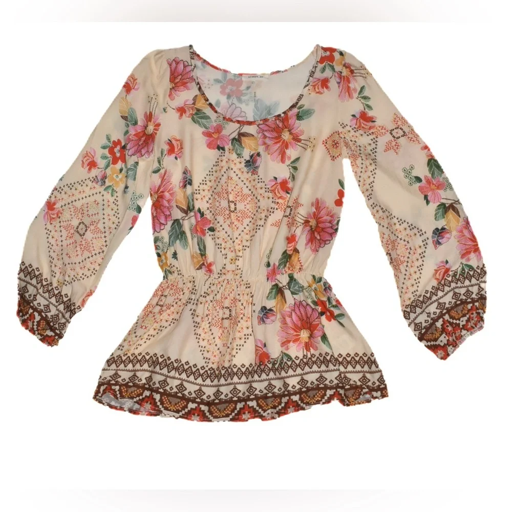 Colorful Floral Top with Gathered Waist - Picture 2 of 4
